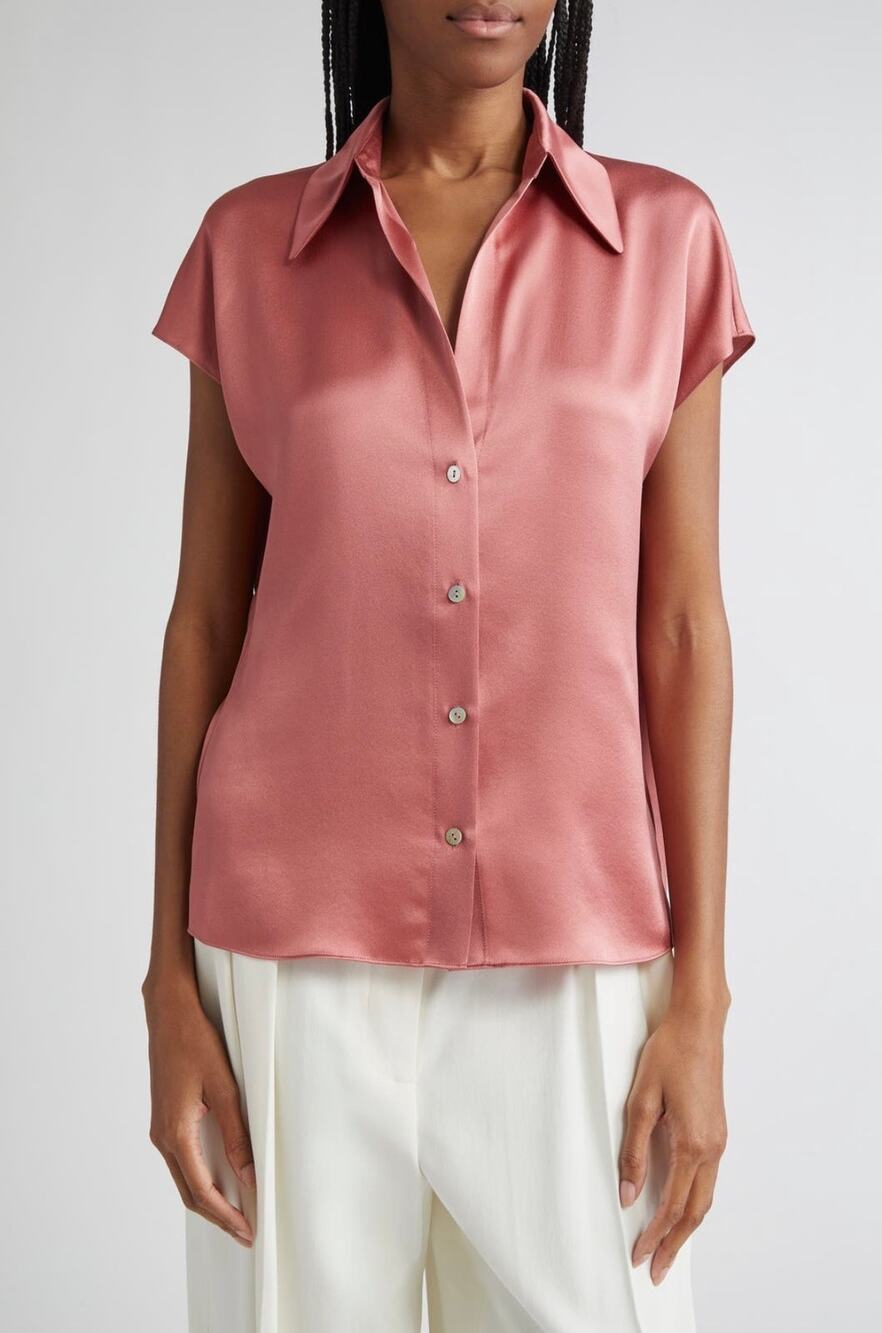 Vince Cap Sleeve Gathered Back Short Sleeve Silk Button Up Shirt peony wood MED